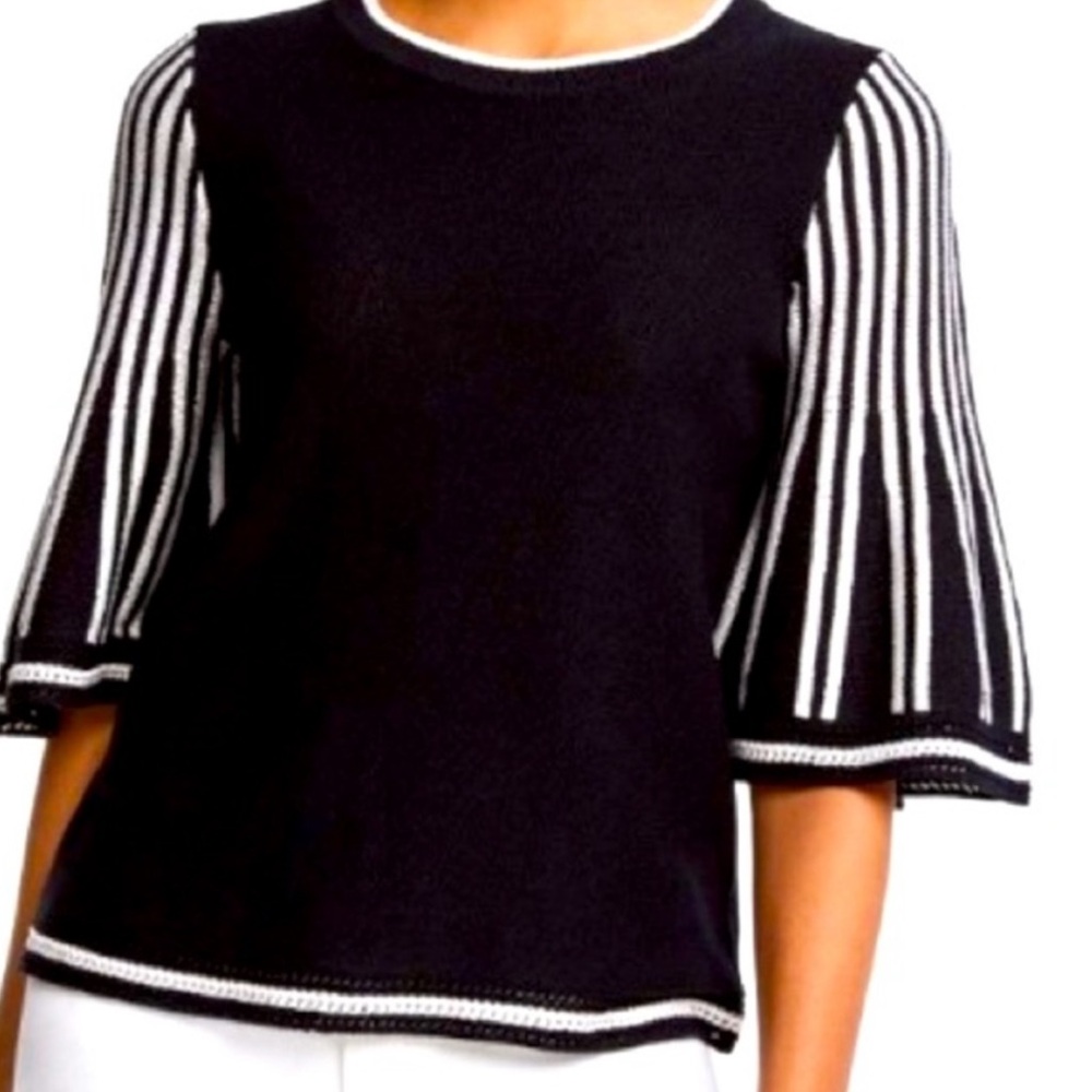 Ann Taylor black  with white striped flared elbow tip sweater